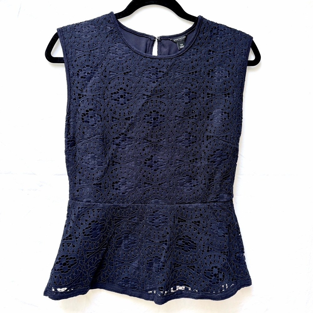 Ann Taylor Navy Blue Lace Peplum Blouse XSm